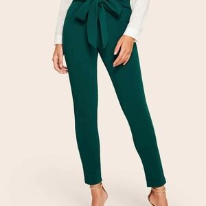 Women's tie waist skinny pants, stretchy dress pants, sizeL Green